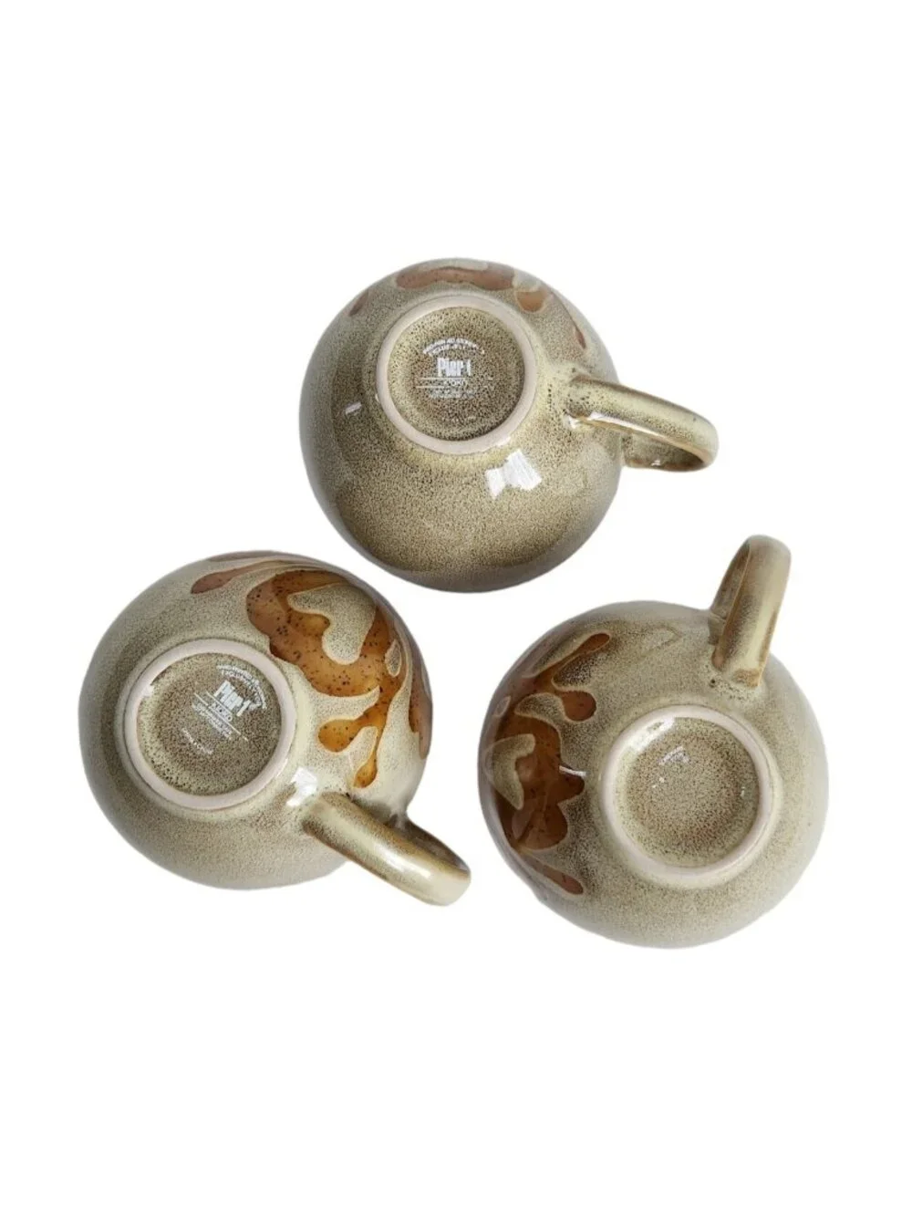Set Of 3 Pier 1 Kioko Tea Coffee Cup and Saucers Tan Black Interior Boho Cottage